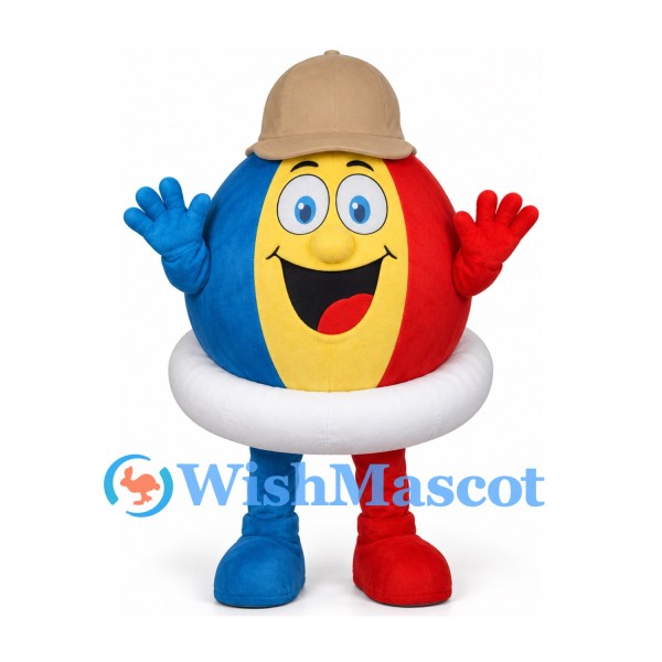 Beach Ball Mascot Costume with Red Yellow and Blue Panels and Tan Cap
