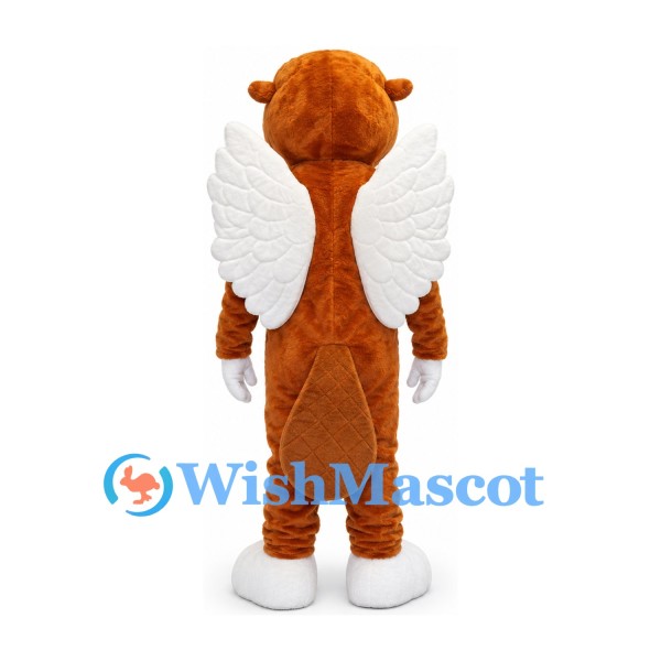 Angel Beaver Mascot Costume with White Wings and Cream Chest