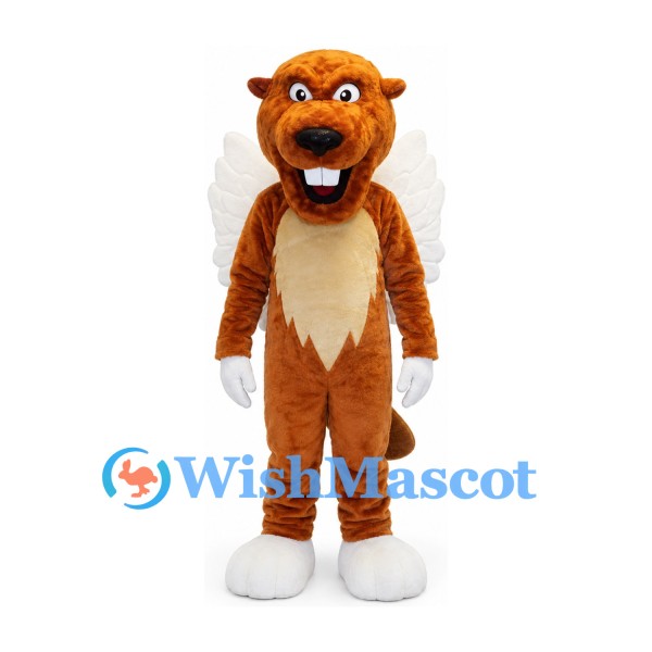 Angel Beaver Mascot Costume with White Wings and Cream Chest