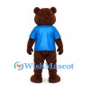 Bear Mascot Costume in Brown with Blue Shirt