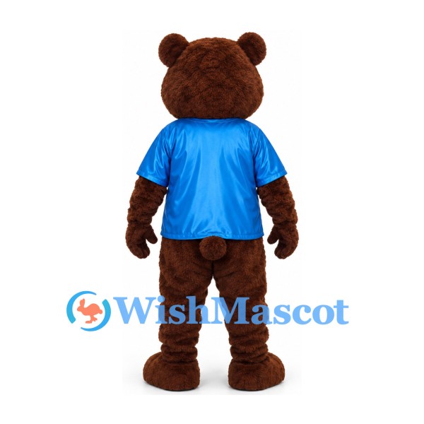 Bear Mascot Costume in Brown with Blue Shirt