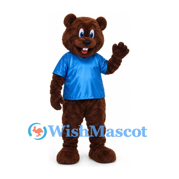Bear Mascot Costume in Brown with Blue Shirt