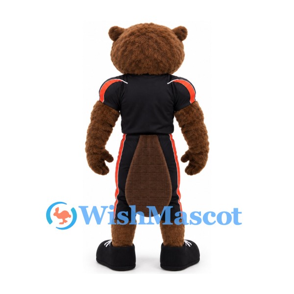 Beaver Mascot Costume with Black Sports Uniform and Shoulder Pads