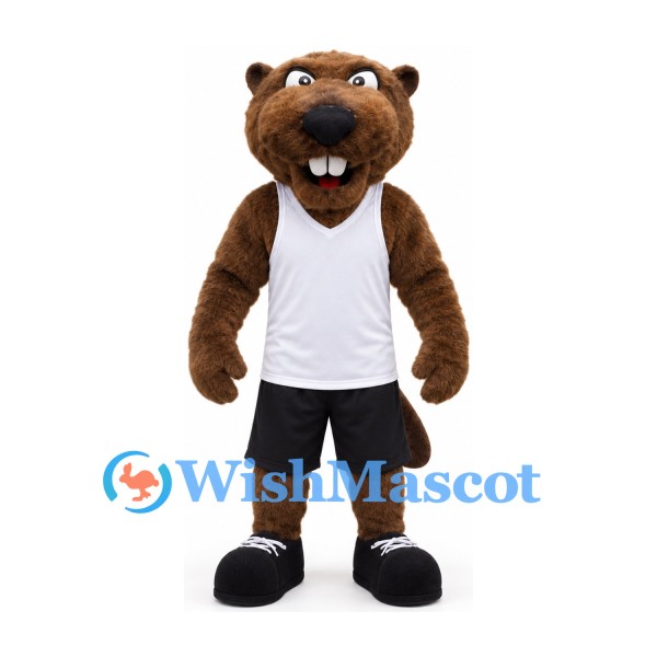 Beaver Mascot Costume with White Tank Top and Black Shorts