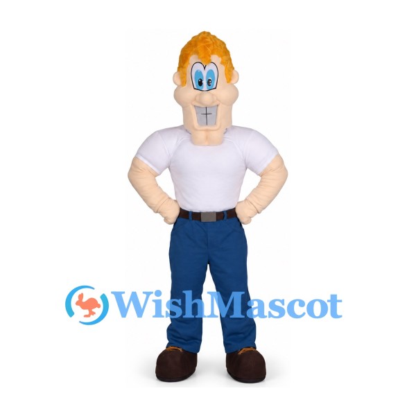Man Mascot Costume with Orange Hair White Shirt and Blue Pants
