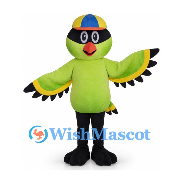 Parrot Mascot Costume in Green with Blue and Yellow Cap