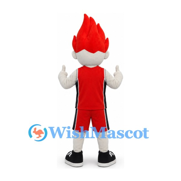Flame Boy Mascot Costume with Red Hair and Red Sports Outfit