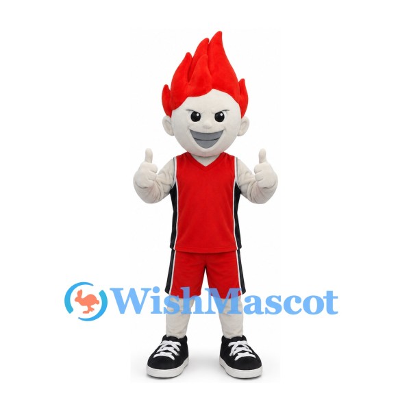 Flame Boy Mascot Costume with Red Hair and Red Sports Outfit