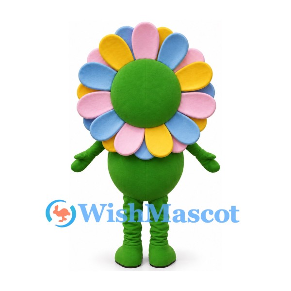 Flower Mascot Costume with Multicolor Petals and Green Body