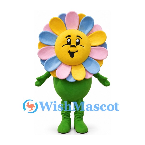 Flower Mascot Costume with Multicolor Petals and Green Body