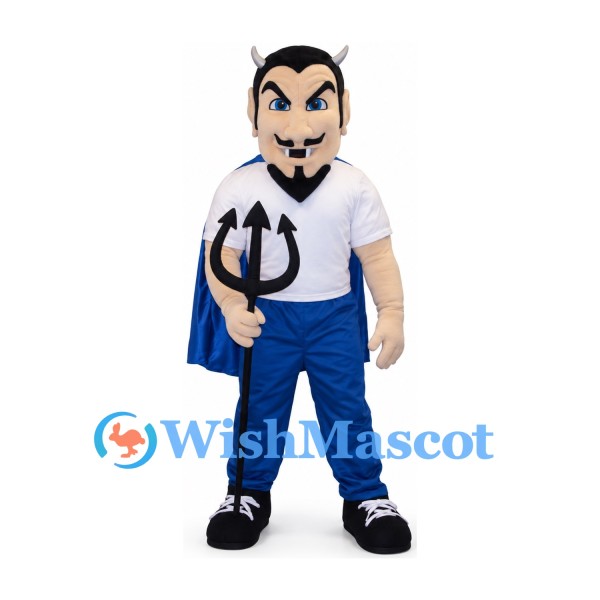 Devil Mascot Costume with Blue Cape and Black Trident