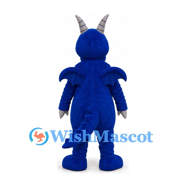 Dragon Mascot Costume in Blue with Gray Horns and Segmented Belly