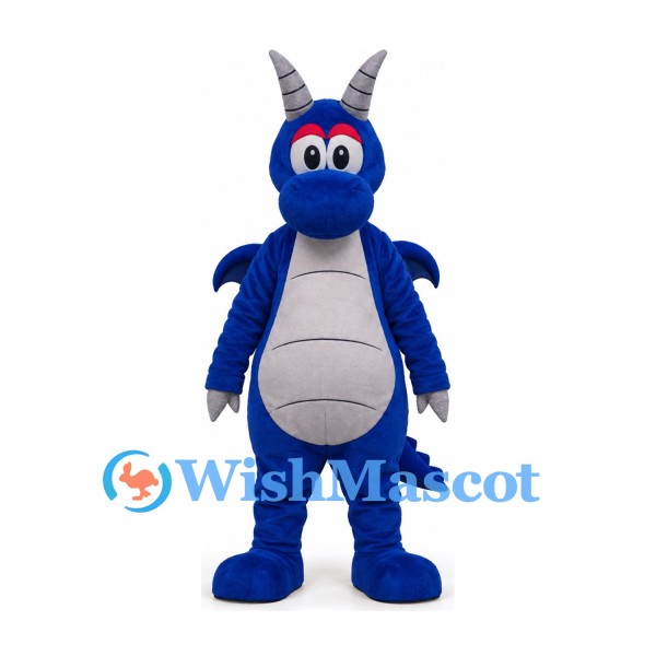Dragon Mascot Costume in Blue with Gray Horns and Segmented Belly