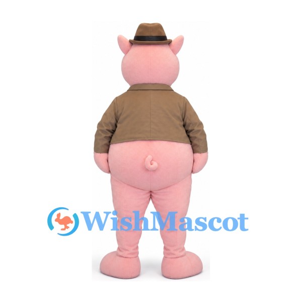 Pig Mascot Costume with Brown Hat Jacket and Black Tie