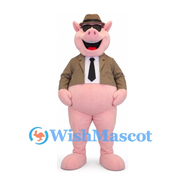 Pig Mascot Costume with Brown Hat Jacket and Black Tie