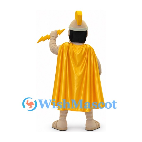 Lightning Warrior Mascot Costume with Gold Helmet and Yellow Cape