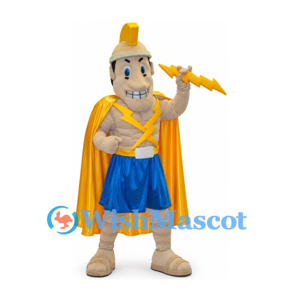 Lightning Warrior Mascot Costume with Gold Helmet and Yellow Cape