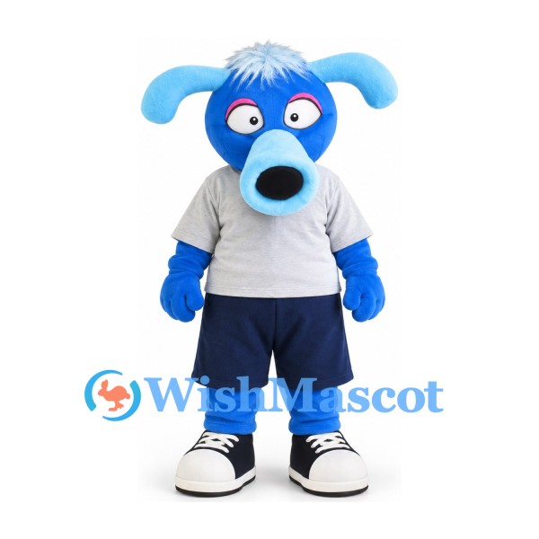 Dog Mascot Costume in Blue with Gray Shirt and Navy Shorts