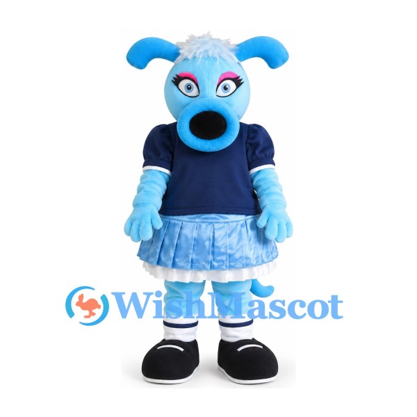 Girl Dog Mascot Costume in Light Blue with Navy Shirt and Blue Skirt