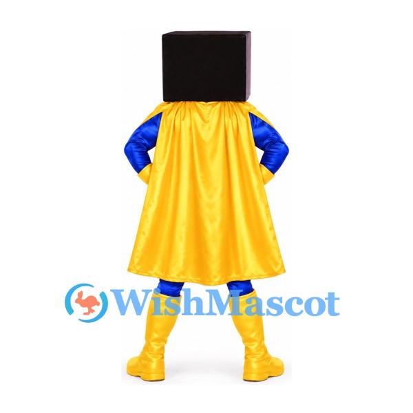 Superhero Mascot Costume with Square Black Helmet and Yellow Cape