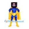 Superhero Mascot Costume with Square Black Helmet and Yellow Cape