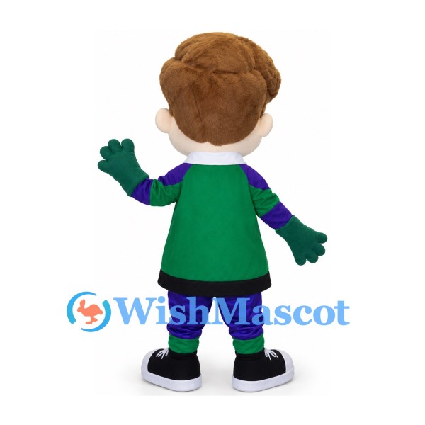 Boy Mascot Costume with Green Top and Purple Striped Leggings