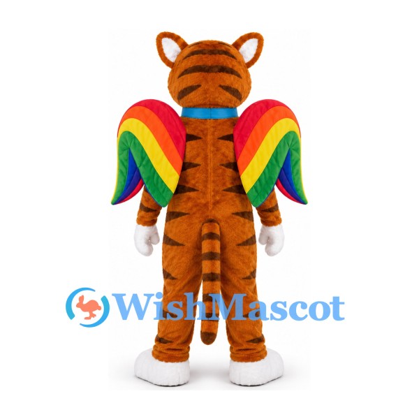 Tiger Mascot Costume with Rainbow Wings and Blue Collar
