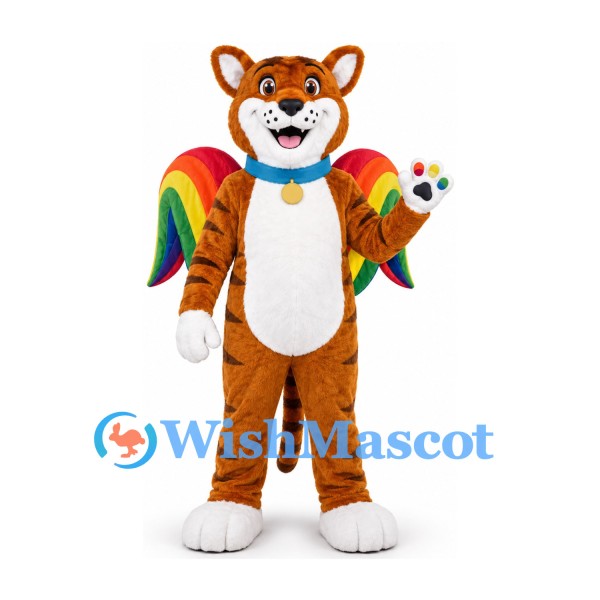 Tiger Mascot Costume with Rainbow Wings and Blue Collar