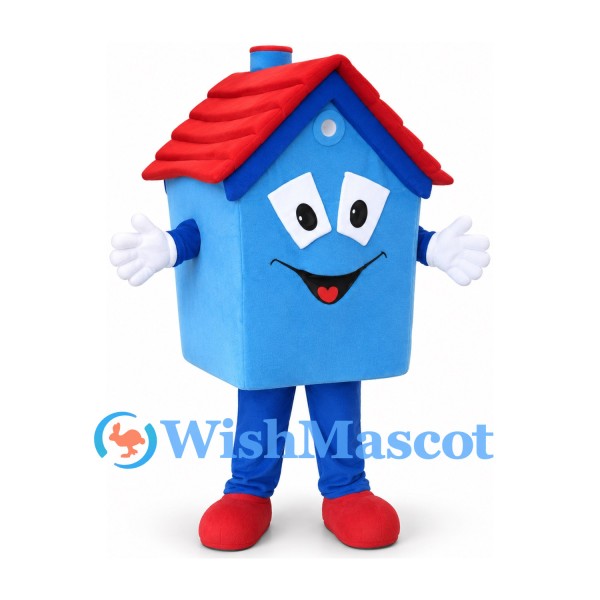 House Mascot Costume in Blue with Red Roof and Smiling Face