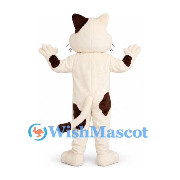 Cat Mascot Costume in White with Brown Patches and Long Tail