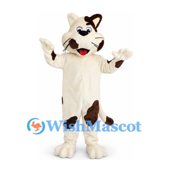 Cat Mascot Costume in White with Brown Patches and Long Tail