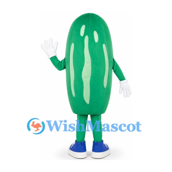 Pickle Mascot Costume in Green with Light Stripes and Smiling Face