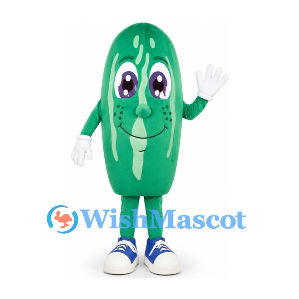 Pickle Mascot Costume in Green with Light Stripes and Smiling Face