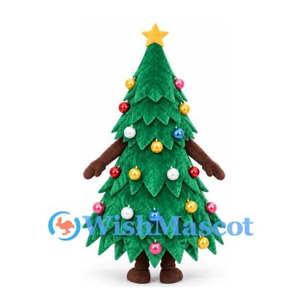 Christmas Tree Mascot Costume with Star Top and Colorful Ornaments