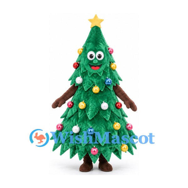 Christmas Tree Mascot Costume with Star Top and Colorful Ornaments
