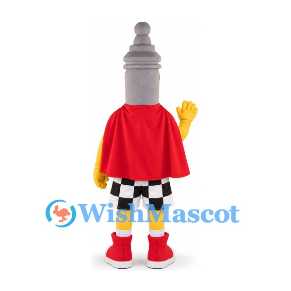 Spark Plug Mascot Costume with Red Cape and Checkered Shorts