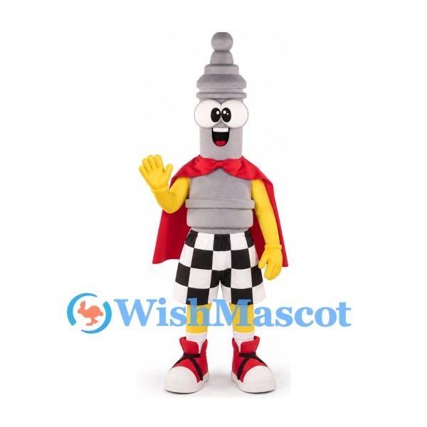 Spark Plug Mascot Costume with Red Cape and Checkered Shorts