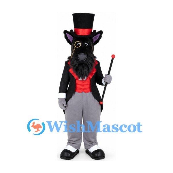 Black Wolf Mascot Costume with Top Hat and Magician Suit