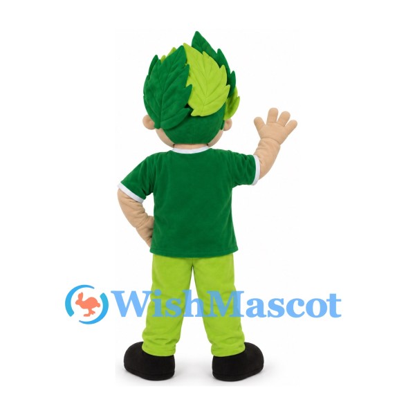 Boy Mascot Costume with Green Leaf Hair and Green Shirt