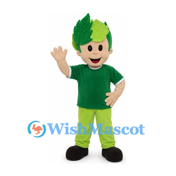 Boy Mascot Costume with Green Leaf Hair and Green Shirt