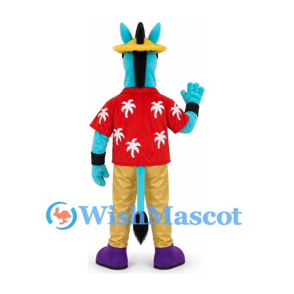 Blue Horse Mascot Costume with Tropical Shirt and Yellow Hat