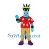 Blue Horse Mascot Costume with Tropical Shirt and Yellow Hat