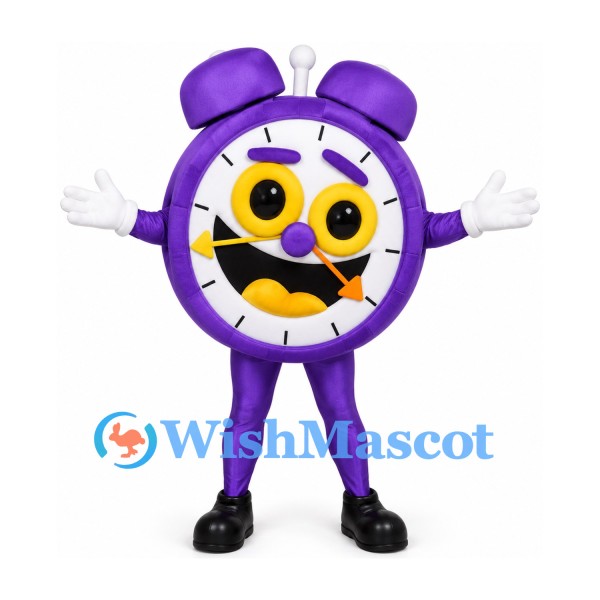 Purple Alarm Clock Mascot Costume with Yellow Clock Face