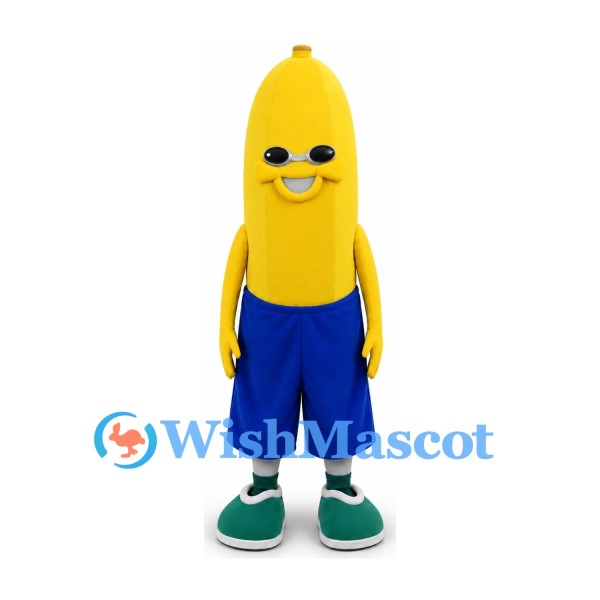 Banana Mascot Costume with Blue Shorts and Green Shoes