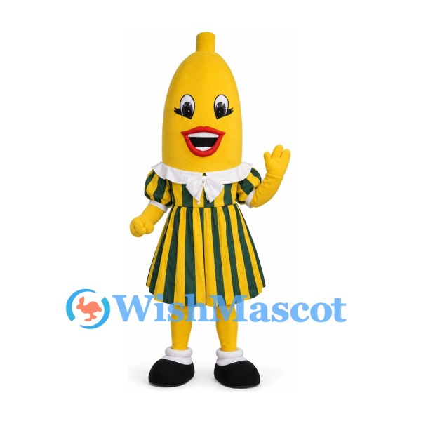 Banana Mascot Costume with Green and Yellow Striped Dress