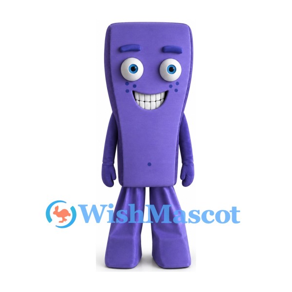 Purple Rectangle Mascot Costume with Large Eyes and Smile