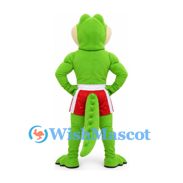 Green Crocodile Mascot Costume with Red Sports Shorts