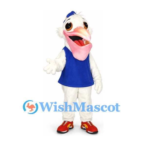 White Pelican Mascot Costume with Blue Tank Top and Cap