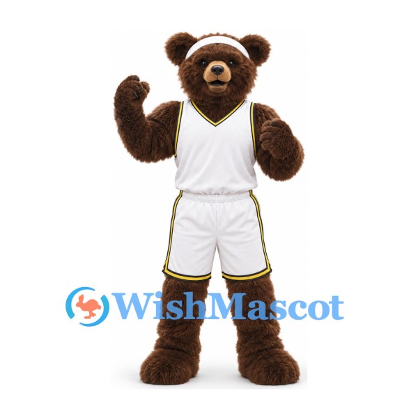 Brown Bear Mascot Costume with White Basketball Uniform