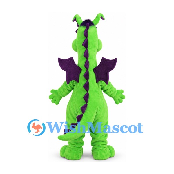 Green Dragon Mascot Costume with Purple Wings and Spots
